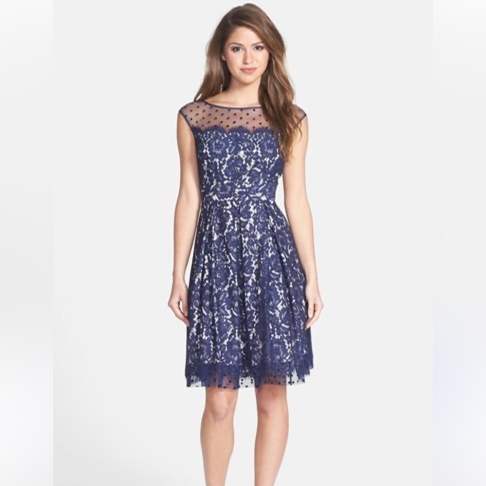 Eliza J Fit n Flare Navy Blue Dress 4 Lace Polka Dots Illusion Neckline Feminine